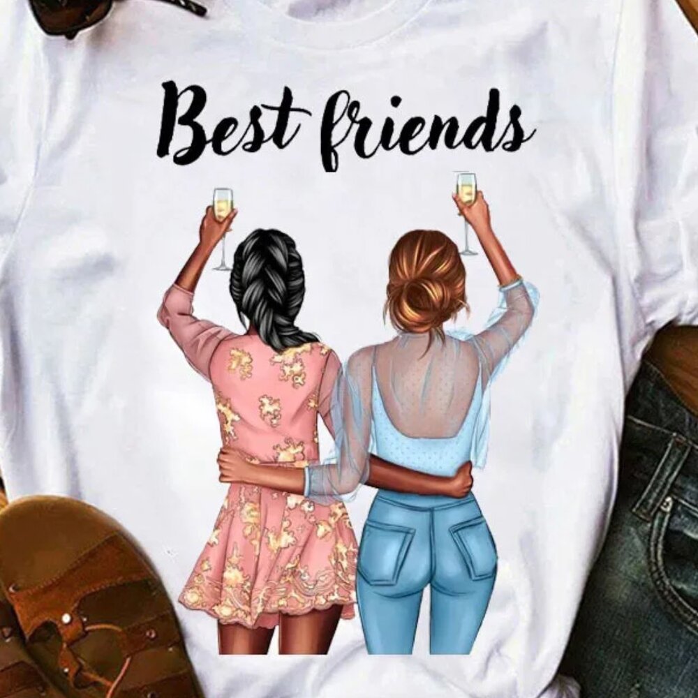 Best Friends #5 Printed Round Neck Short-Sleeved Women T-Shirt Size LARGE